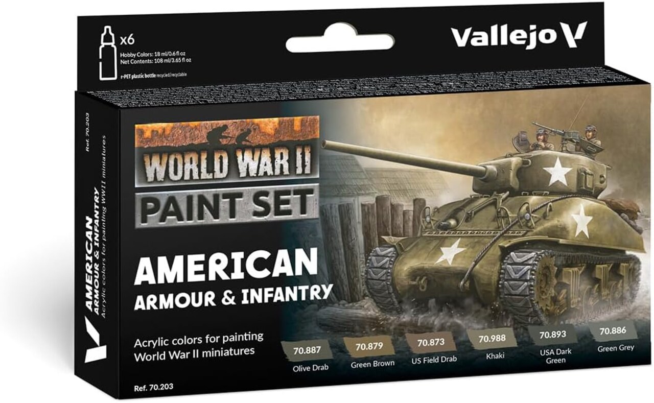 WWII American Armour & Infantry Model Color Paint Set( 6 bottles x 18 ml.0.6 fl.oz)